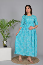 Majestic divas Cotton Turquoise Floral Printed Maternity Feeding Kurta Dress with Dual Zippers