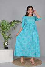 Majestic divas Cotton Turquoise Floral Printed Maternity Feeding Kurta Dress with Dual Zippers