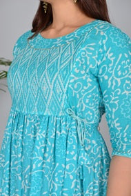 Majestic divas Cotton Turquoise Floral Printed Maternity Feeding Kurta Dress with Dual Zippers