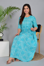 Majestic divas Cotton Turquoise Floral Printed Maternity Feeding Kurta Dress with Dual Zippers