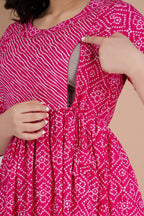 Majestic divas Cotton Pink Bandhani Printed Maternity Feeding Kurta Dress with Stripe Yoke & Dual Zippers