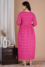 Majestic divas Cotton Pink Bandhani Printed Maternity Feeding Kurta Dress with Stripe Yoke & Dual Zippers