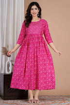 Majestic divas Cotton Pink Bandhani Printed Maternity Feeding Kurta Dress with Stripe Yoke & Dual Zippers