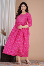 Majestic divas Cotton Pink Bandhani Printed Maternity Feeding Kurta Dress with Stripe Yoke & Dual Zippers