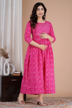 Majestic divas Cotton Pink Bandhani Printed Maternity Feeding Kurta Dress with Stripe Yoke & Dual Zippers