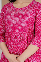 Majestic divas Cotton Pink Bandhani Printed Maternity Feeding Kurta Dress with Stripe Yoke & Dual Zippers