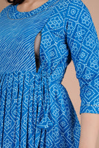 Majestic divas Cotton Blue Bandhani Printed Maternity Feeding Kurta Dress with Dual Zippers