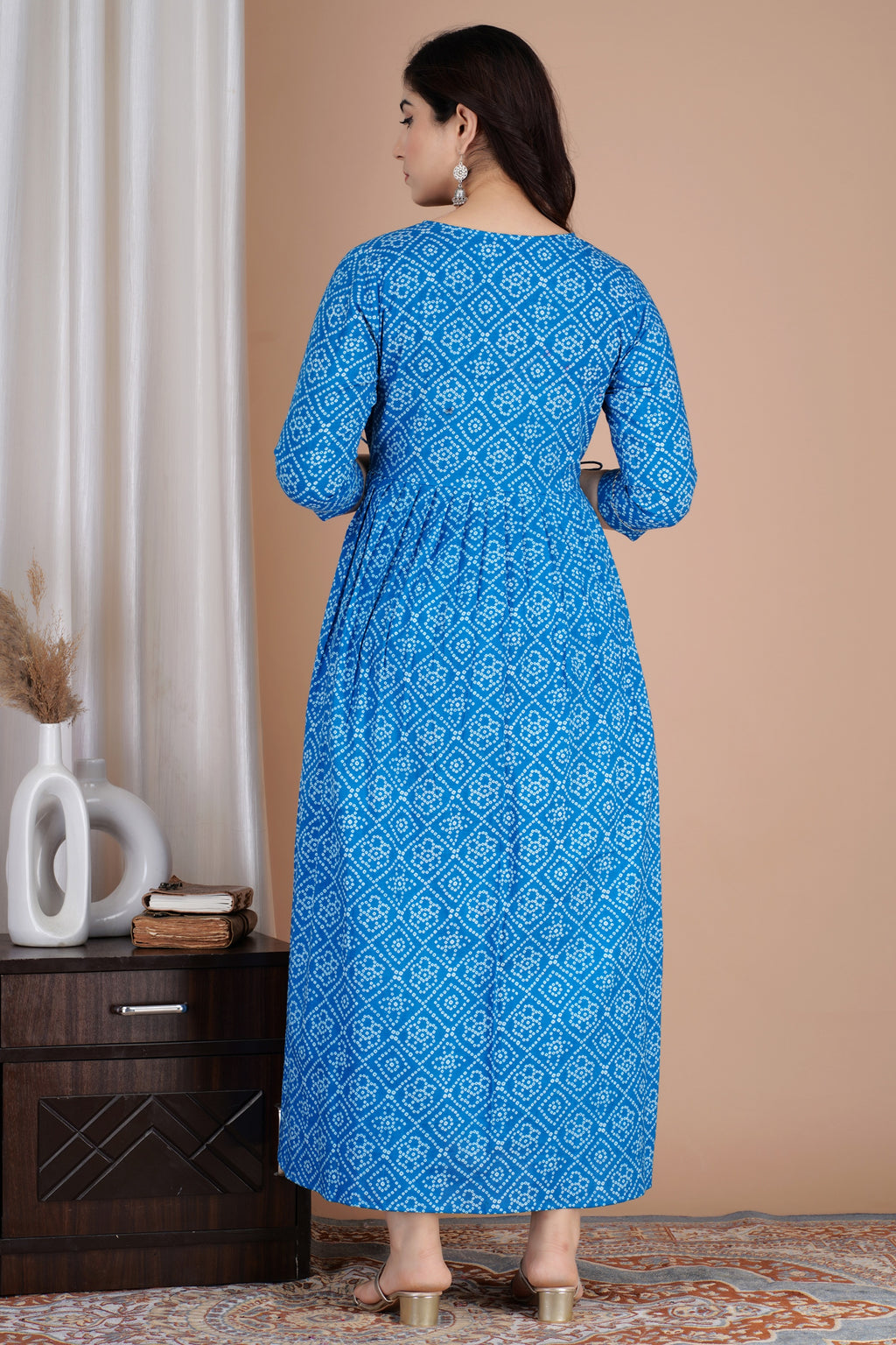 Majestic divas Cotton Blue Bandhani Printed Maternity Feeding Kurta Dress with Dual Zippers