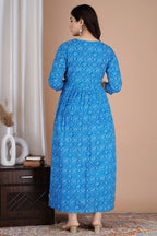 Majestic divas Cotton Blue Bandhani Printed Maternity Feeding Kurta Dress with Dual Zippers
