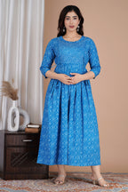 Majestic divas Cotton Blue Bandhani Printed Maternity Feeding Kurta Dress with Dual Zippers
