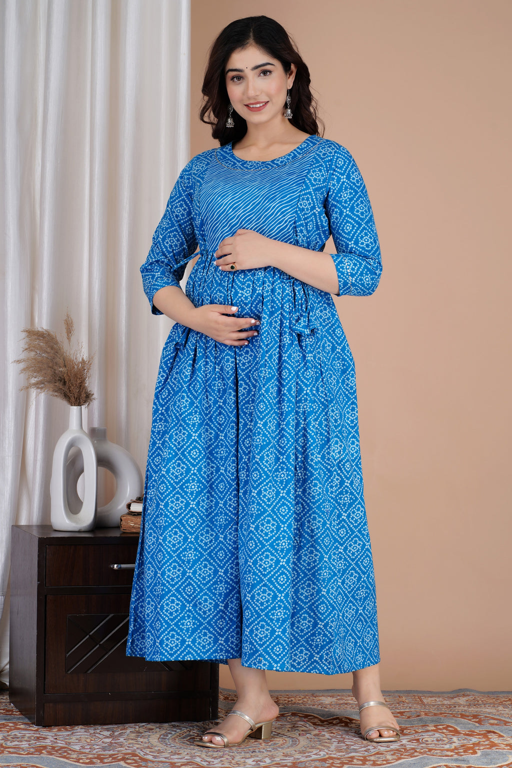 Majestic divas Cotton Blue Bandhani Printed Maternity Feeding Kurta Dress with Dual Zippers