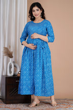 Majestic divas Cotton Blue Bandhani Printed Maternity Feeding Kurta Dress with Dual Zippers