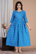 Majestic divas Cotton Blue Bandhani Printed Maternity Feeding Kurta Dress with Dual Zippers
