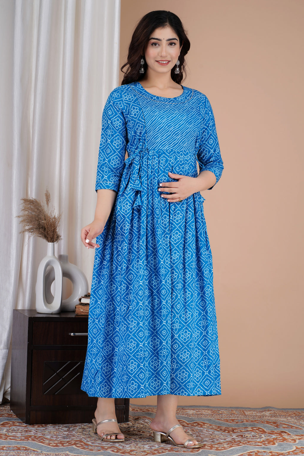 Majestic divas Cotton Blue Bandhani Printed Maternity Feeding Kurta Dress with Dual Zippers