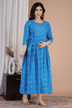 Majestic divas Cotton Blue Bandhani Printed Maternity Feeding Kurta Dress with Dual Zippers