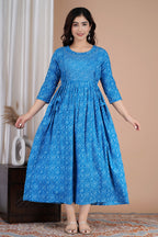 Majestic divas Cotton Blue Bandhani Printed Maternity Feeding Kurta Dress with Dual Zippers