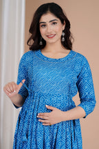 Majestic divas Cotton Blue Bandhani Printed Maternity Feeding Kurta Dress with Dual Zippers
