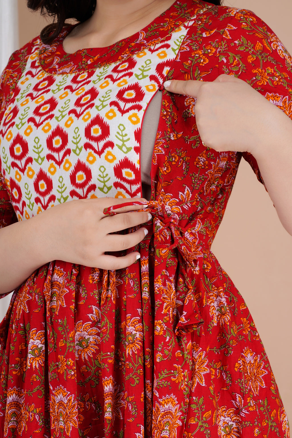 Majestic divas Cotton Red Floral Buta Printed Maternity Feeding Kurta Dress with Dual Zippers