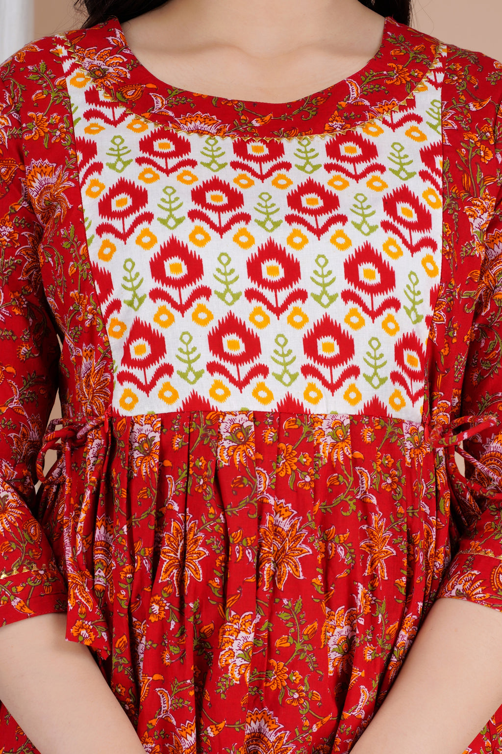 Majestic divas Cotton Red Floral Buta Printed Maternity Feeding Kurta Dress with Dual Zippers