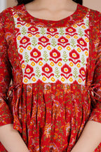 Majestic divas Cotton Red Floral Buta Printed Maternity Feeding Kurta Dress with Dual Zippers