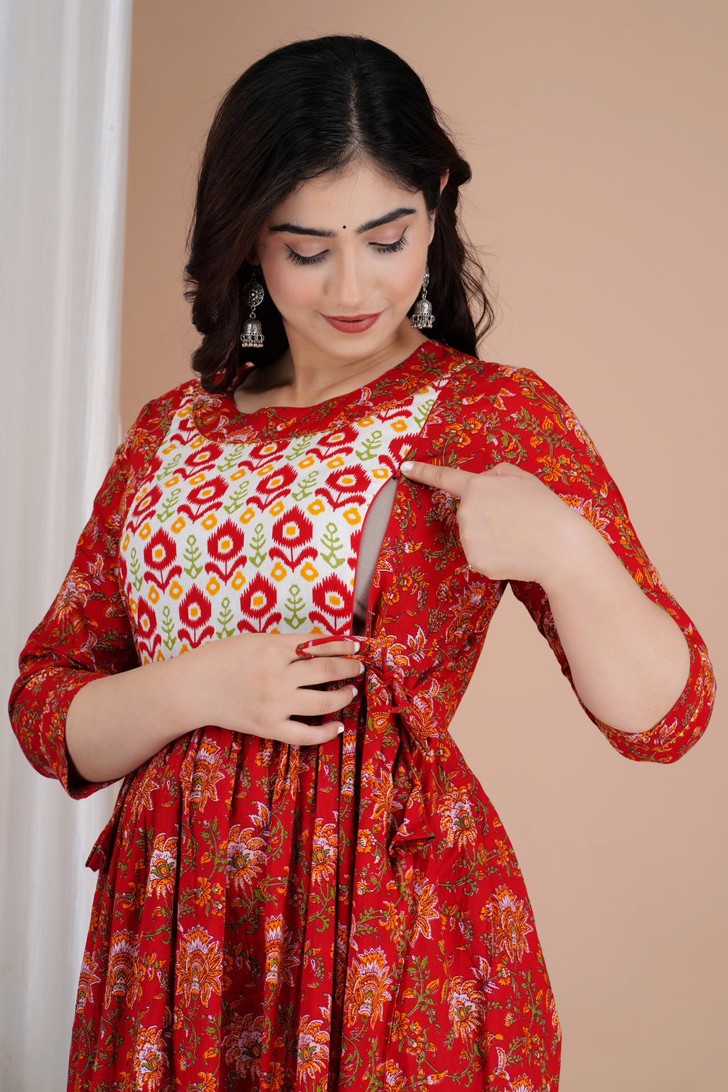 Majestic divas Cotton Red Floral Buta Printed Maternity Feeding Kurta Dress with Dual Zippers