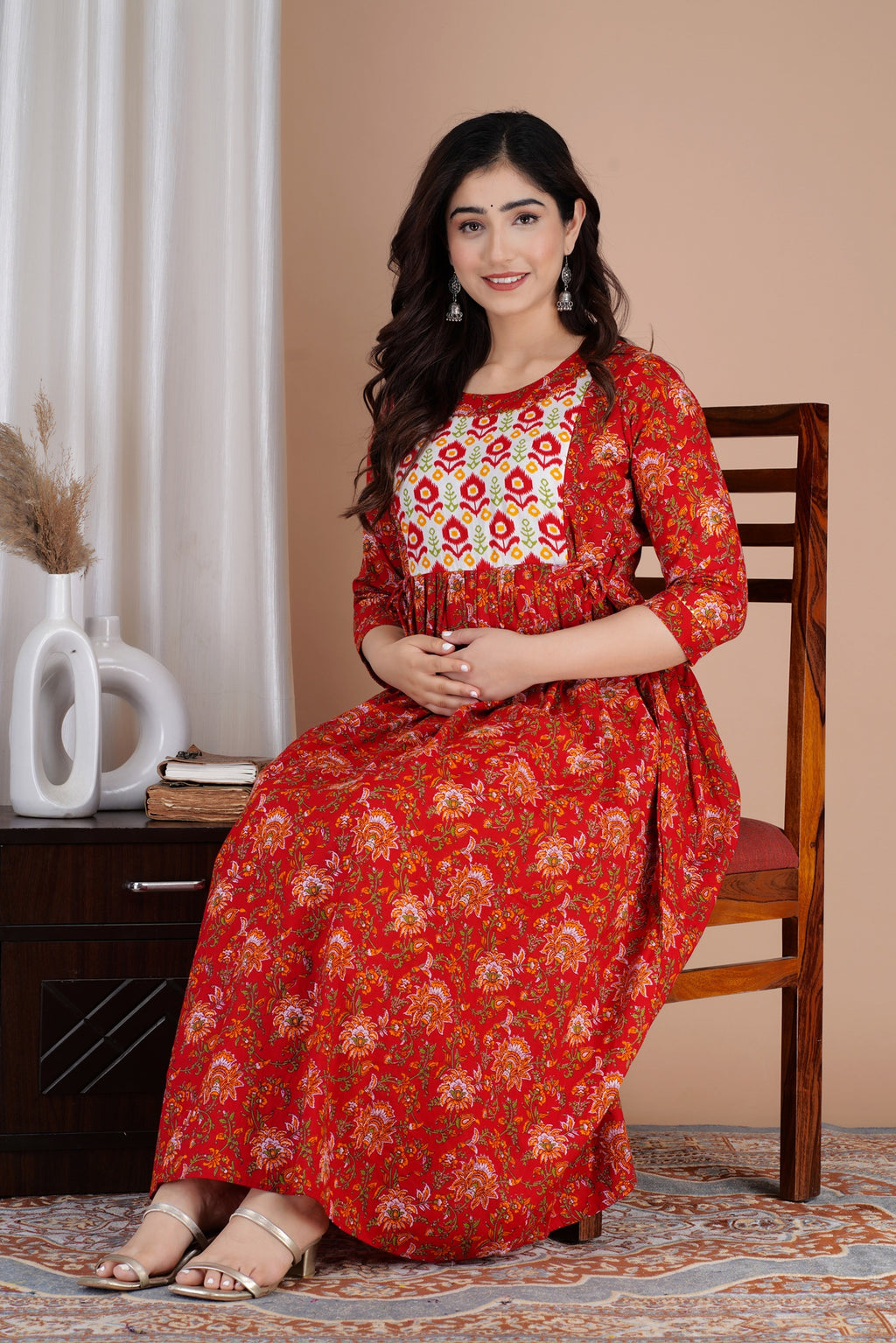 Majestic divas Cotton Red Floral Buta Printed Maternity Feeding Kurta Dress with Dual Zippers