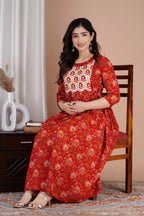 Majestic divas Cotton Red Floral Buta Printed Maternity Feeding Kurta Dress with Dual Zippers