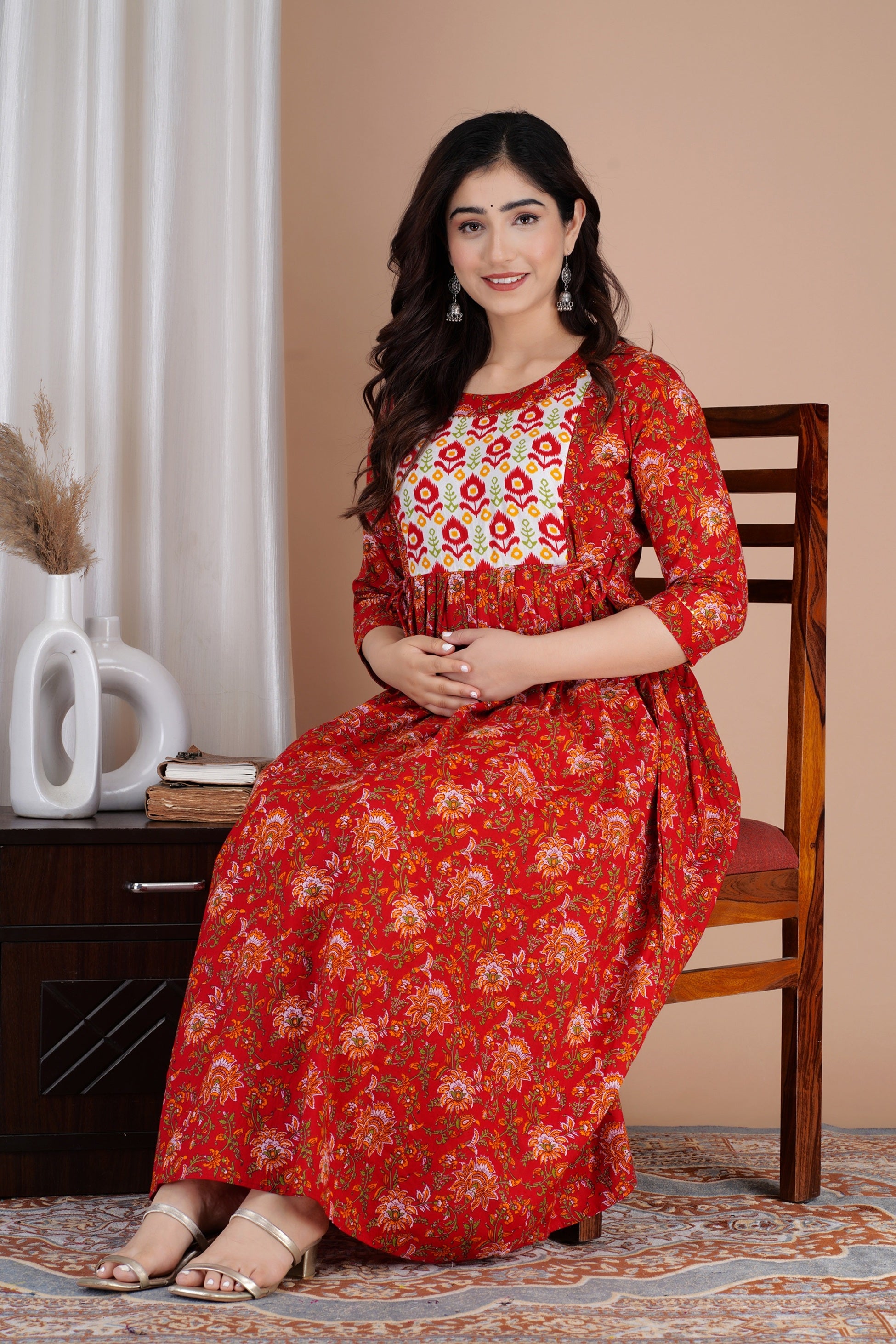 Majestic divas Cotton Red Floral Buta Printed Maternity Feeding Kurta Dress with Dual Zippers