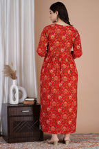 Majestic divas Cotton Red Floral Buta Printed Maternity Feeding Kurta Dress with Dual Zippers