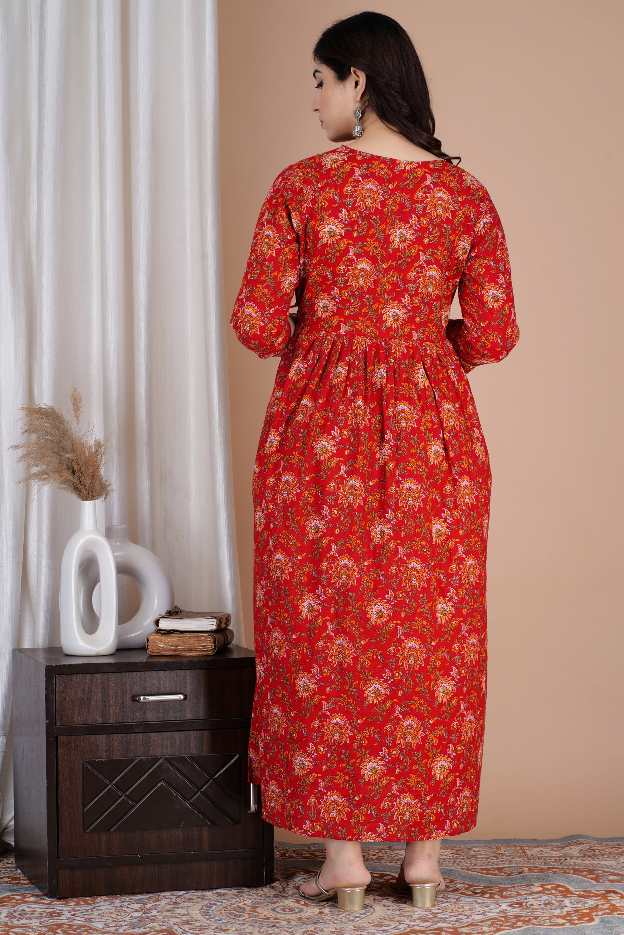 Majestic divas Cotton Red Floral Buta Printed Maternity Feeding Kurta Dress with Dual Zippers