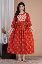 Majestic divas Cotton Red Floral Buta Printed Maternity Feeding Kurta Dress with Dual Zippers