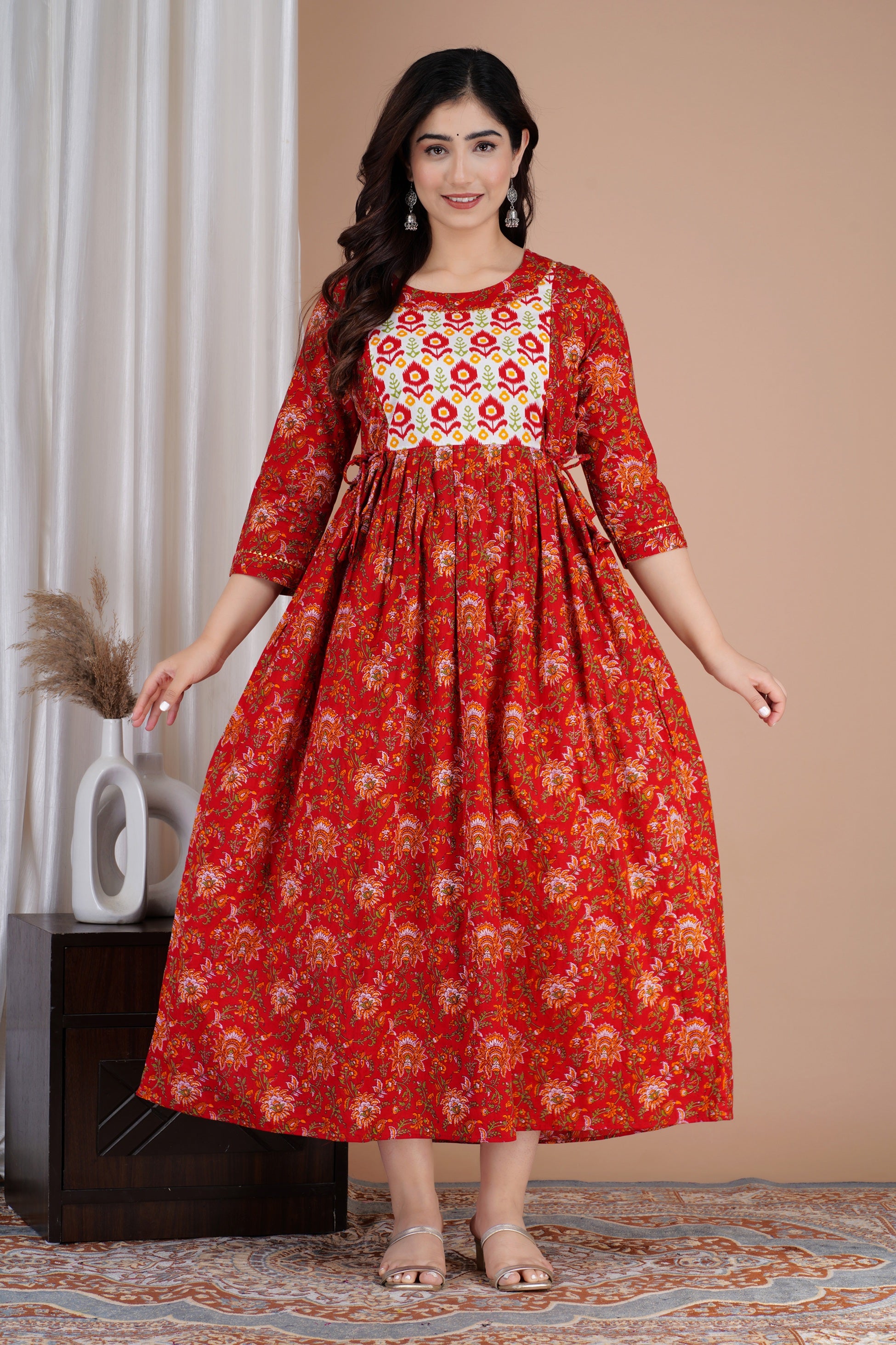 Majestic divas Cotton Red Floral Buta Printed Maternity Feeding Kurta Dress with Dual Zippers