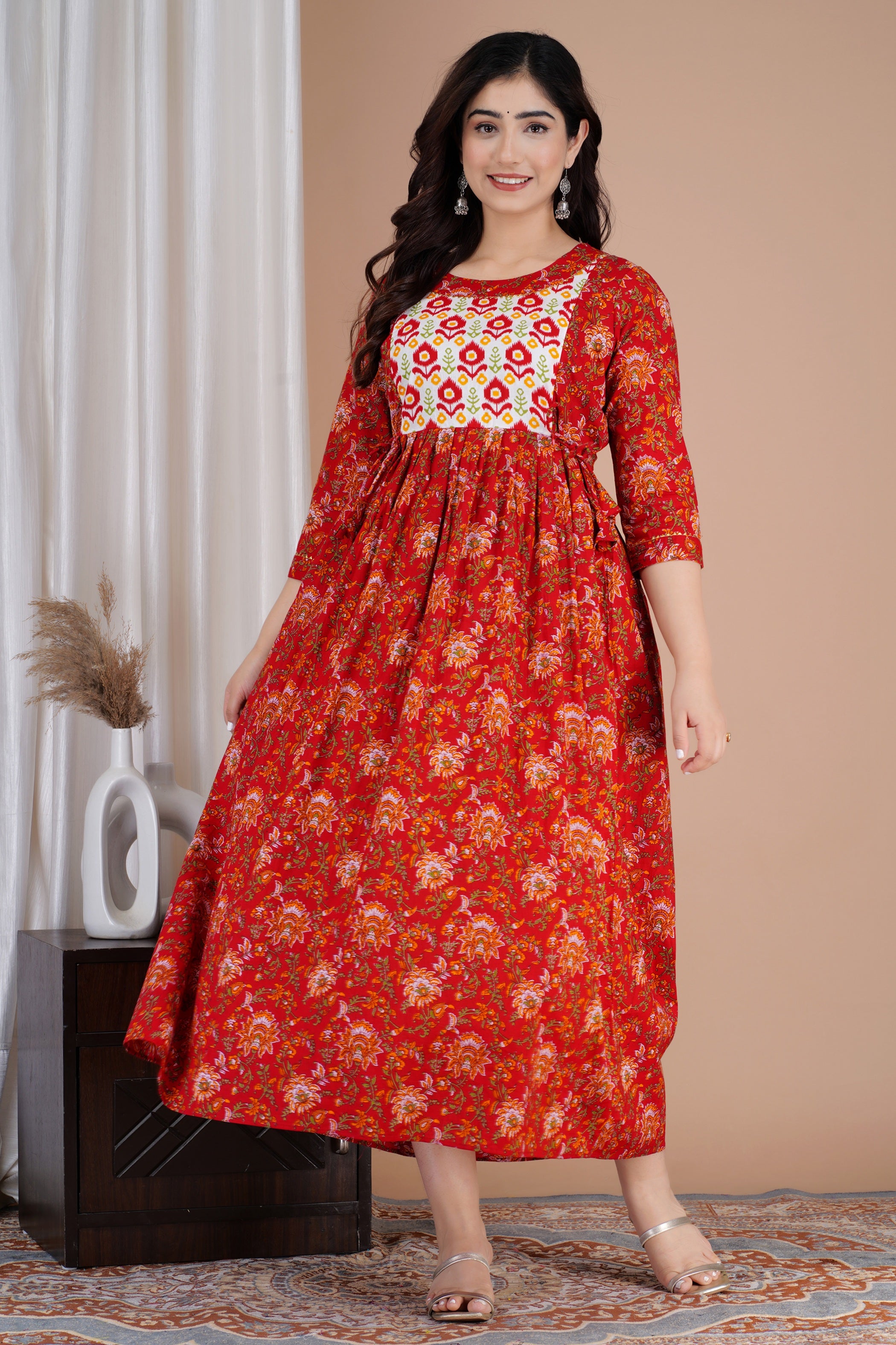 Majestic divas Cotton Red Floral Buta Printed Maternity Feeding Kurta Dress with Dual Zippers