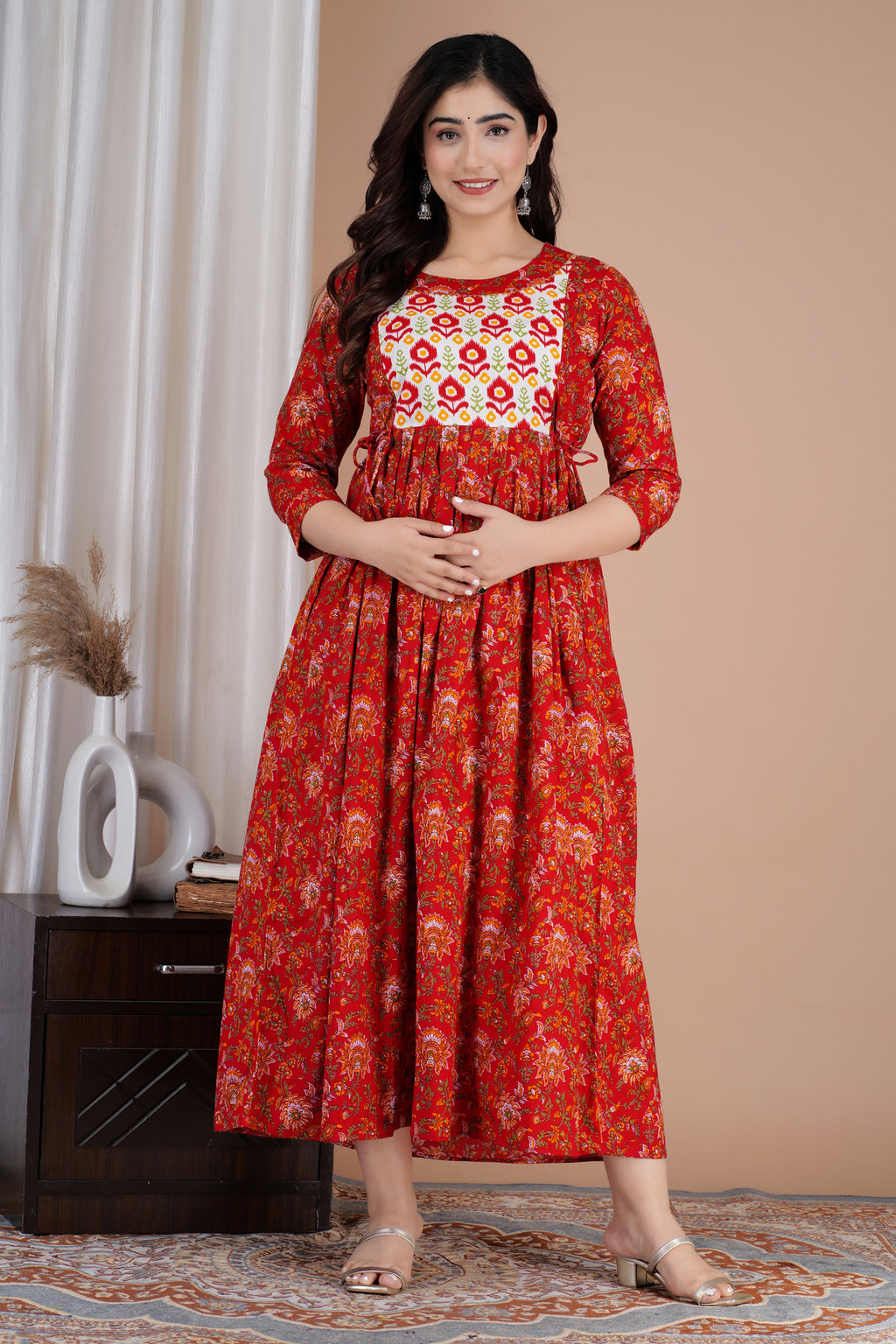 Majestic divas Cotton Red Floral Buta Printed Maternity Feeding Kurta Dress with Dual Zippers