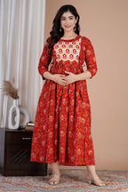 Majestic divas Cotton Red Floral Buta Printed Maternity Feeding Kurta Dress with Dual Zippers
