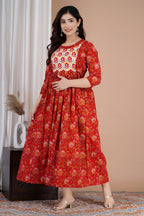 Majestic divas Cotton Red Floral Buta Printed Maternity Feeding Kurta Dress with Dual Zippers