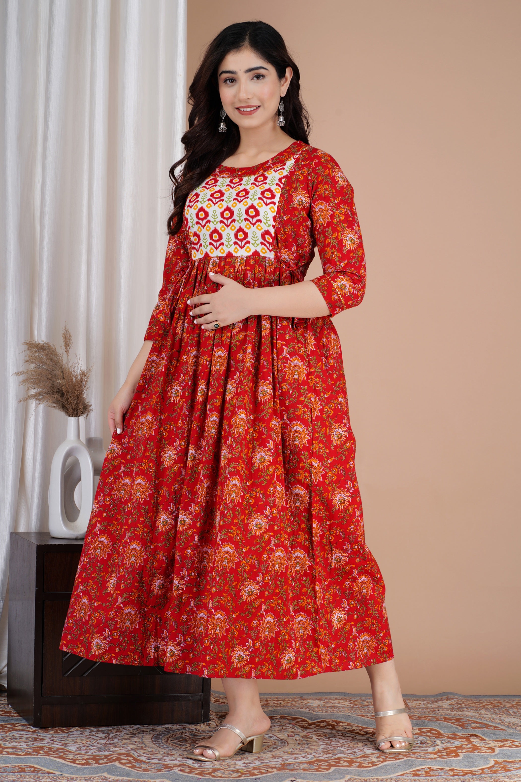Majestic divas Cotton Red Floral Buta Printed Maternity Feeding Kurta Dress with Dual Zippers