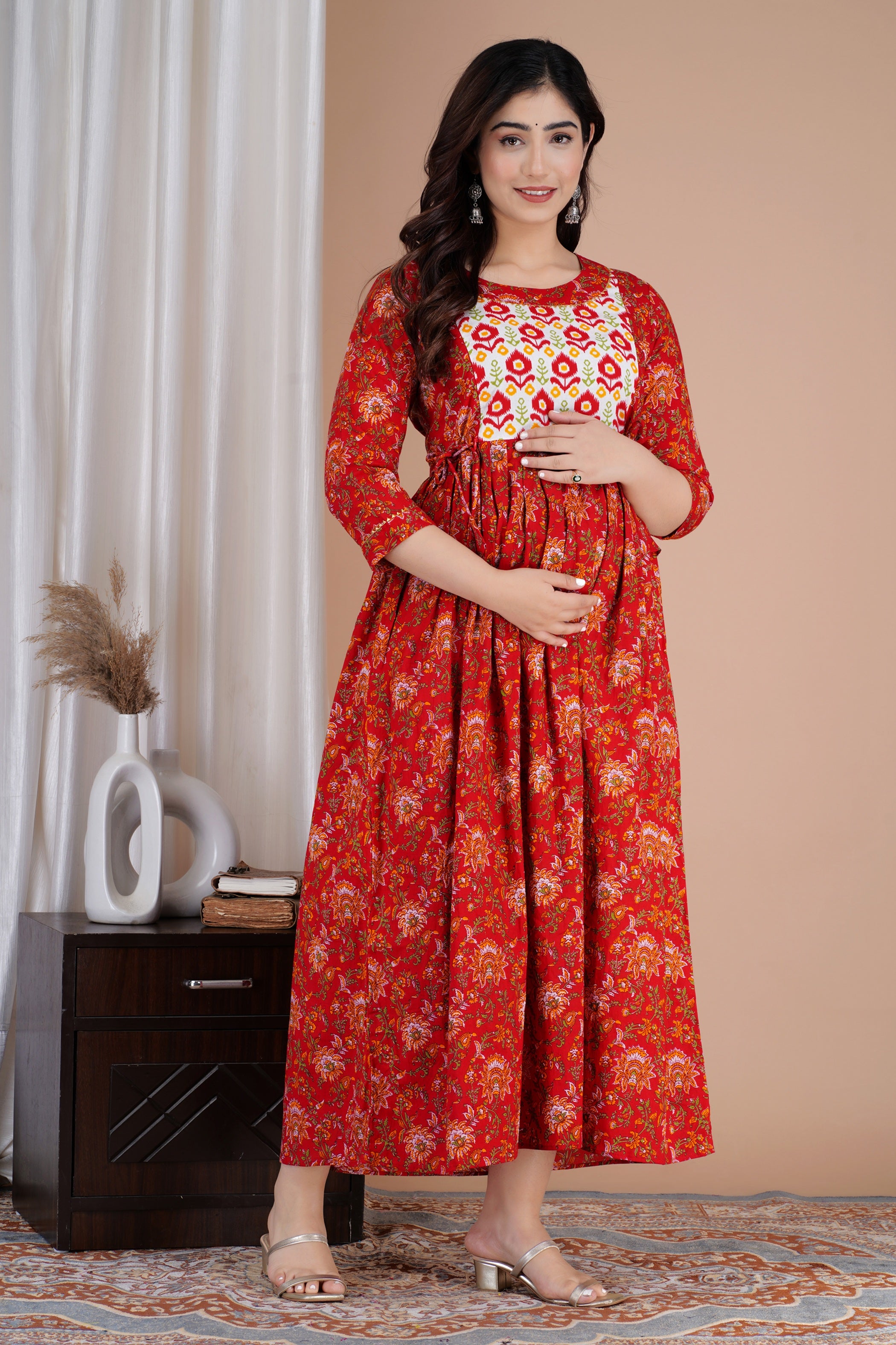 Majestic divas Cotton Red Floral Buta Printed Maternity Feeding Kurta Dress with Dual Zippers Main image