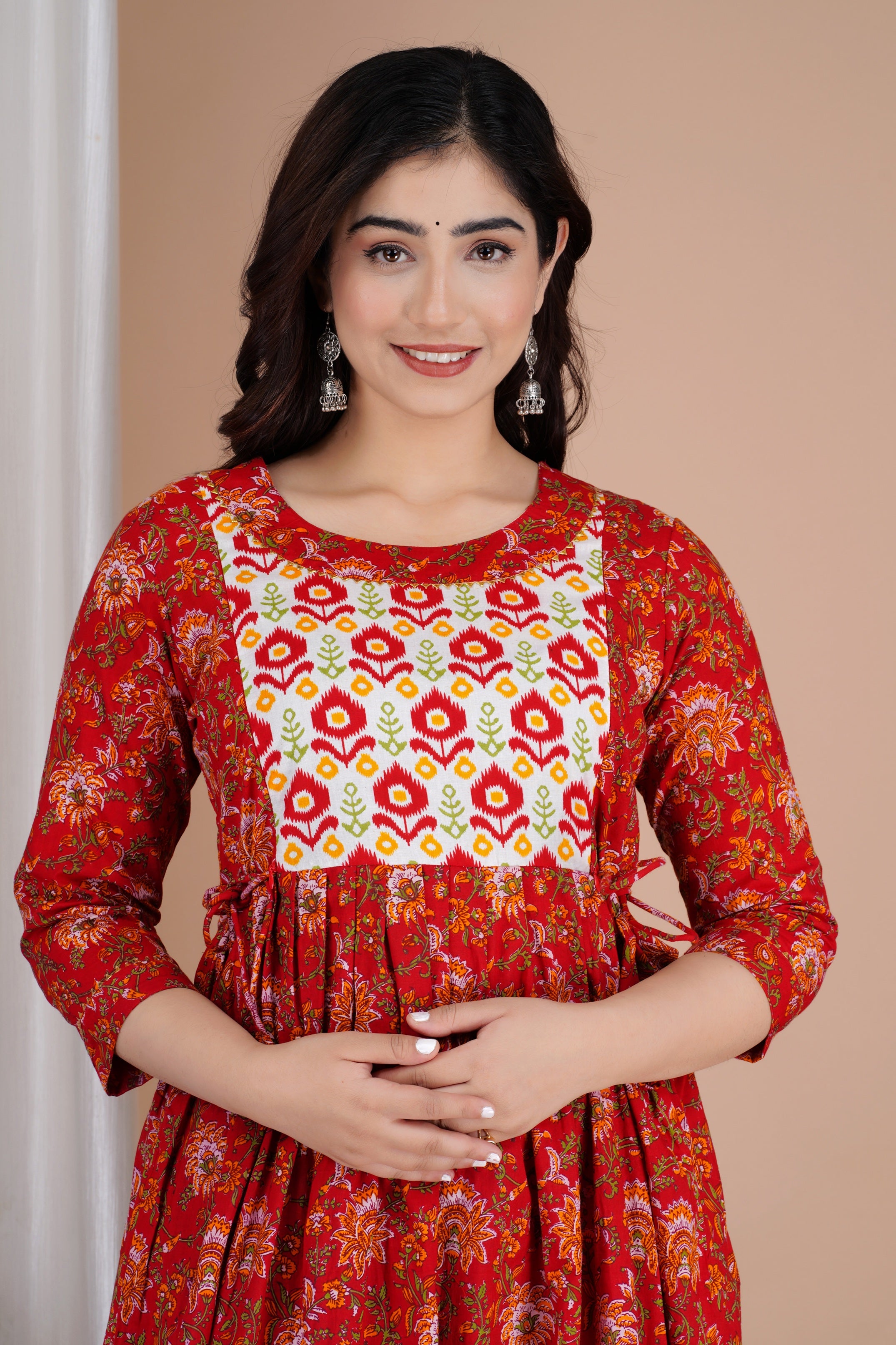 Majestic divas Cotton Red Floral Buta Printed Maternity Feeding Kurta Dress with Dual Zippers Secondary image