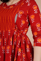 Majestic divas Cotton Red Floral Buti Printed Maternity Feeding Kurta Dress with Contrast Panel & Dual Zippers