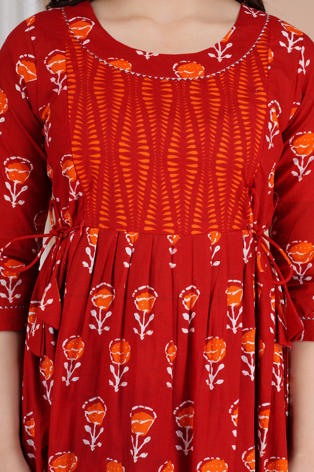Majestic divas Cotton Red Floral Buti Printed Maternity Feeding Kurta Dress with Contrast Panel & Dual Zippers