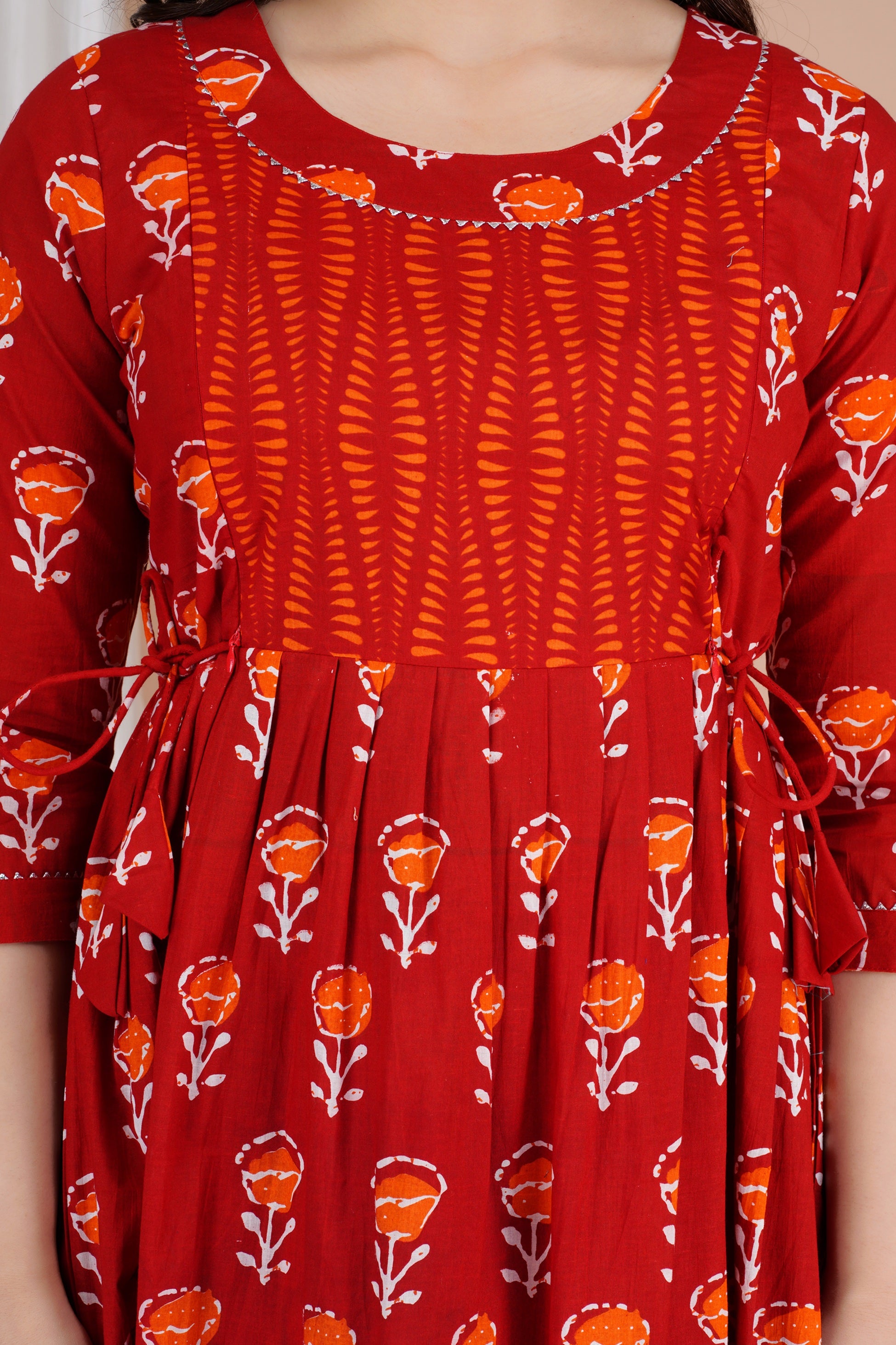 Majestic divas Cotton Red Floral Buti Printed Maternity Feeding Kurta Dress with Contrast Panel & Dual Zippers