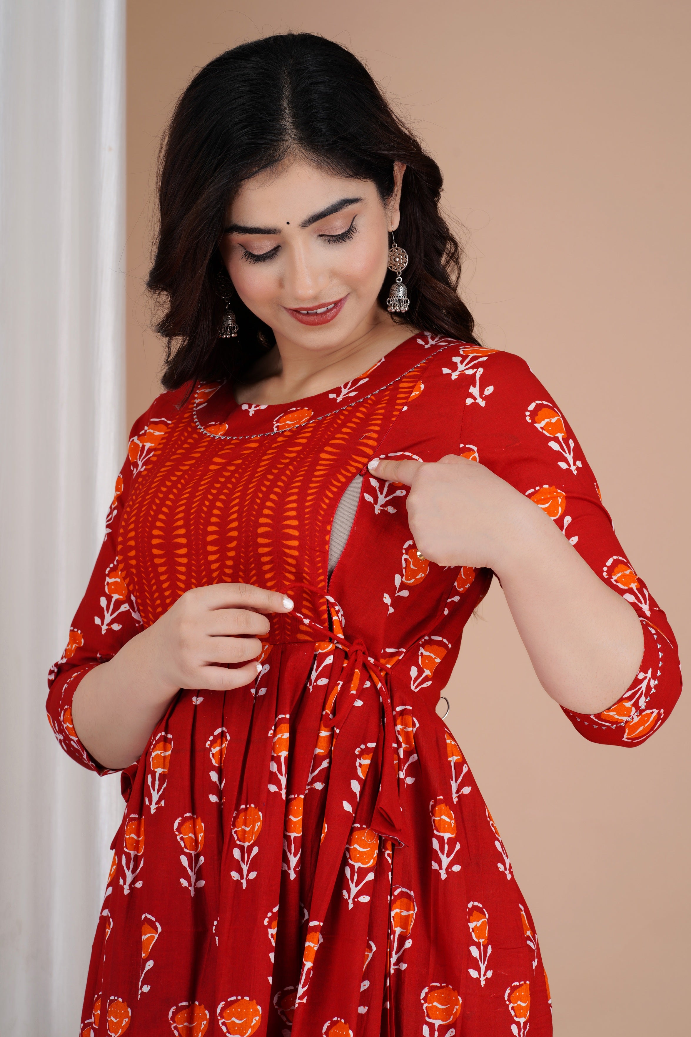 Majestic divas Cotton Red Floral Buti Printed Maternity Feeding Kurta Dress with Contrast Panel & Dual Zippers