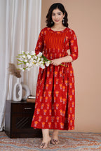 Majestic divas Cotton Red Floral Buti Printed Maternity Feeding Kurta Dress with Contrast Panel & Dual Zippers
