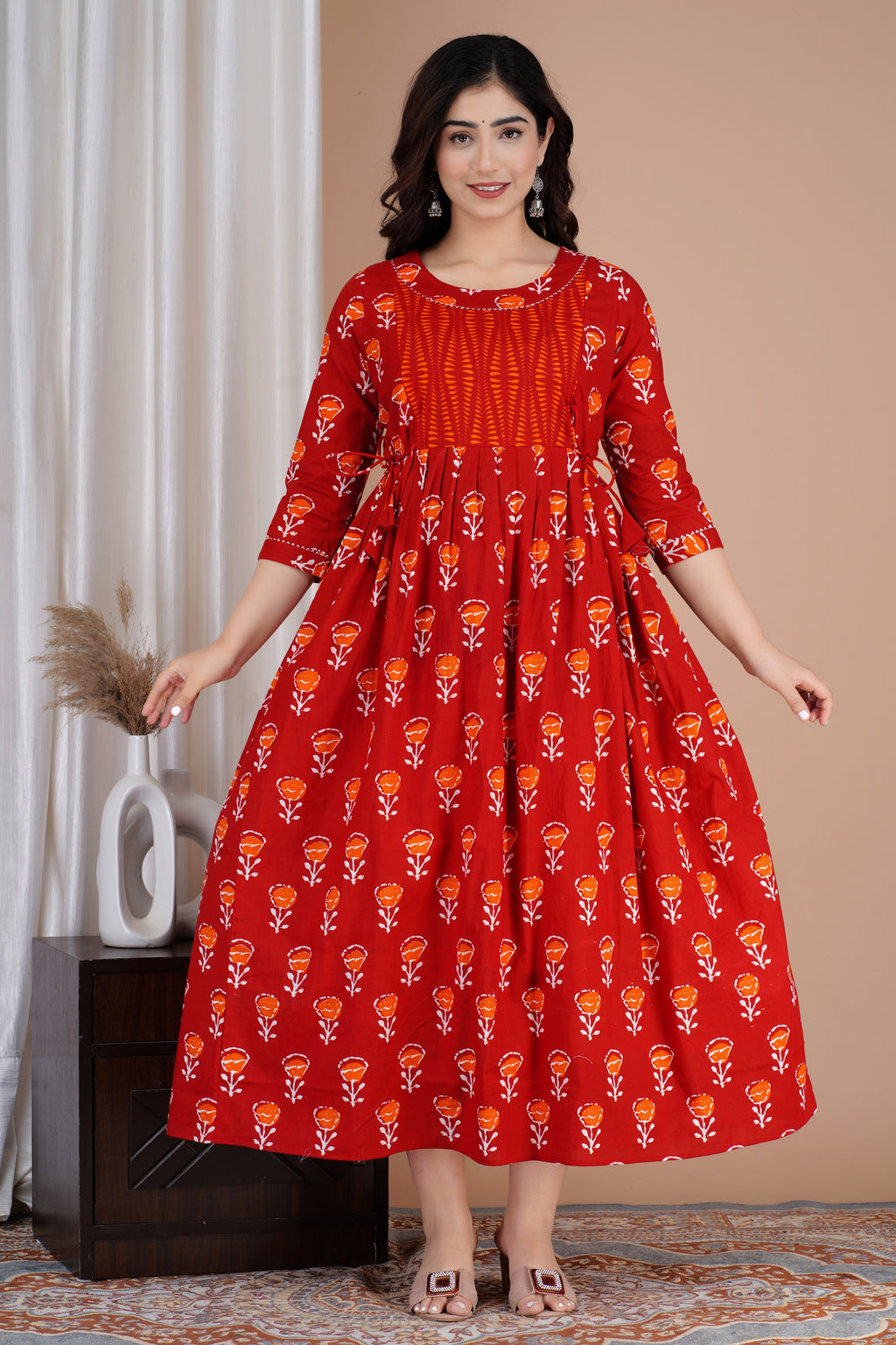 Majestic divas Cotton Red Floral Buti Printed Maternity Feeding Kurta Dress with Contrast Panel & Dual Zippers