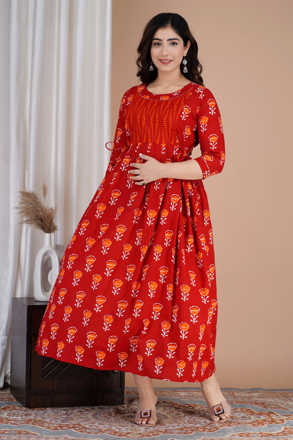 Majestic divas Cotton Red Floral Buti Printed Maternity Feeding Kurta Dress with Contrast Panel & Dual Zippers