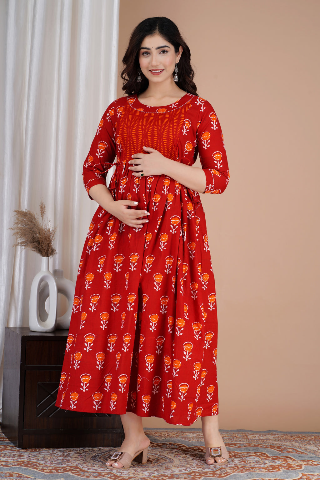 Majestic divas Cotton Red Floral Buti Printed Maternity Feeding Kurta Dress with Contrast Panel & Dual Zippers