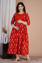 Majestic divas Cotton Red Floral Buti Printed Maternity Feeding Kurta Dress with Contrast Panel & Dual Zippers