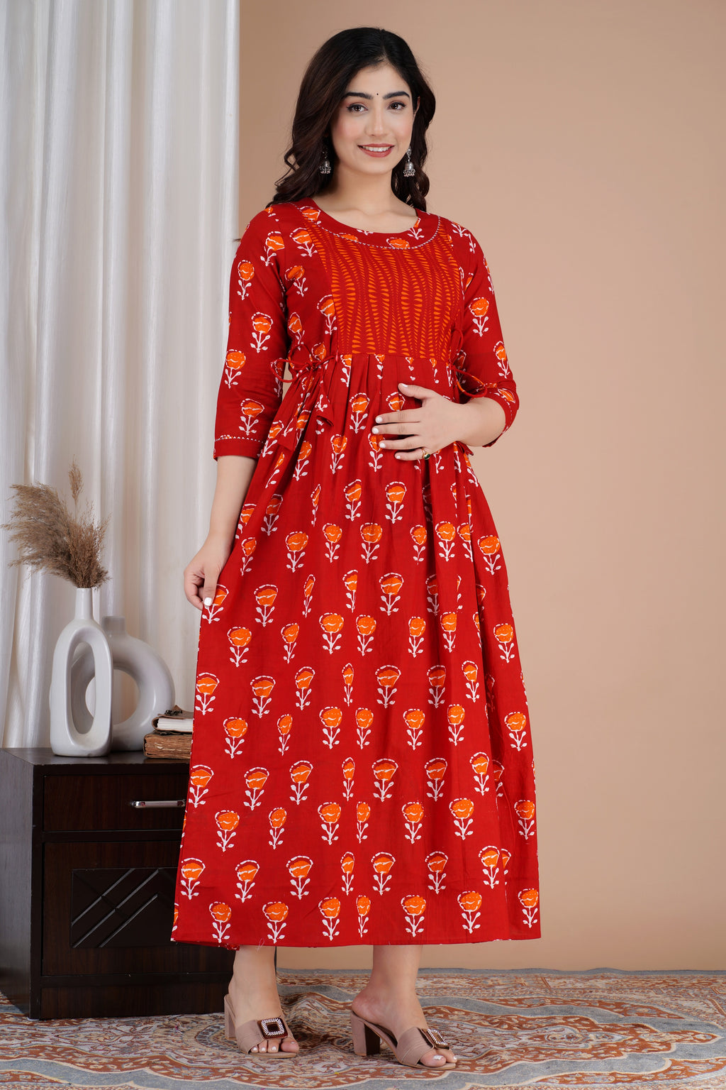 Majestic divas Cotton Red Floral Buti Printed Maternity Feeding Kurta Dress with Contrast Panel & Dual Zippers