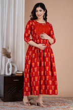 Majestic divas Cotton Red Floral Buti Printed Maternity Feeding Kurta Dress with Contrast Panel & Dual Zippers